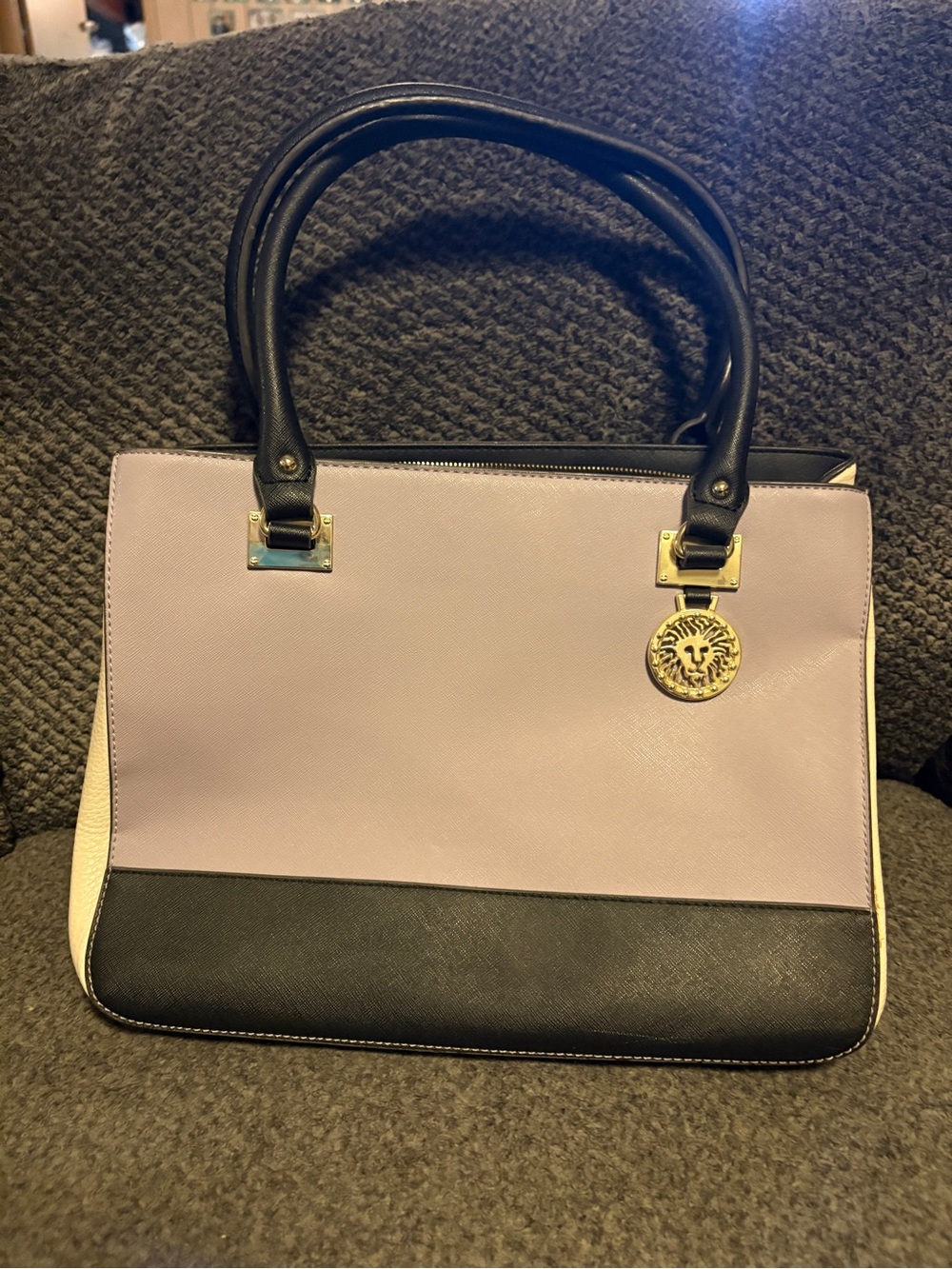 Anne Klein Lavender, Black & Cream Satchel with Gold Medallion